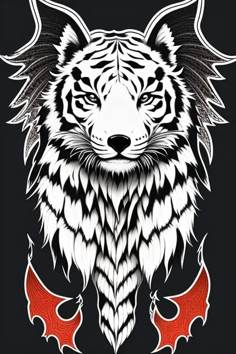 fox face, white eagle wings, white tiger body, dragon tail