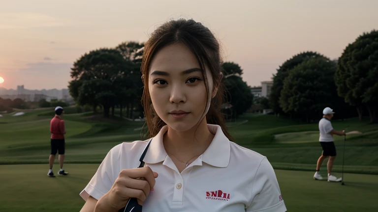 one person（small eyes）（high nose），（oval face，（fit）Beauty，在高尔夫球赛场Contest。Hold in hand（cue），Contest，photography，People playing golf with blurred background，（under the sunset）