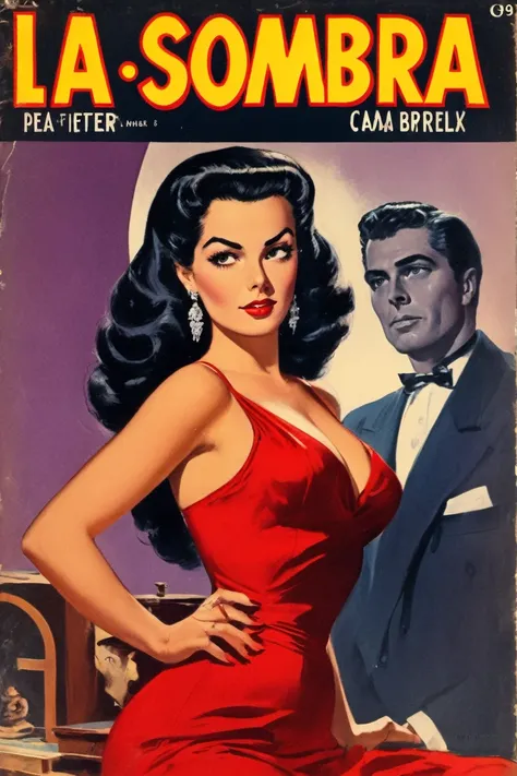 a cover of a book named La Sombra (Filmotype Quarry fonts) with a sultry dark haired woman in a red dress, a portrait by Robert Peak, cg society contest winner, new objectivity, 1 9 5 0 s thriller, dark vintage paperback cover, pulp scifi book cover art, g...