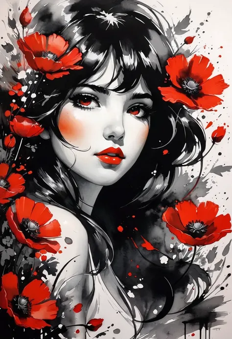 beautiful ink drawing, top view. beautiful ink painting, top view, painting of woman surrounded by red flowers, trending on arts...