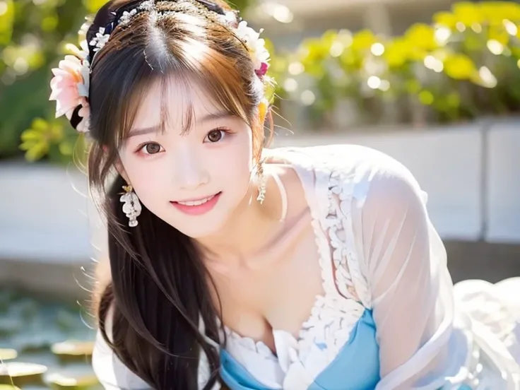 A young and beautiful one,beautiful cute girl，Half-length photo。extremely beautiful and exquisite，black hair，sweet smile，Delicate, beautiful and fair skin，Realistic and realistic，Exquisite and complete facial features，Detailed depiction of face，High nose b...