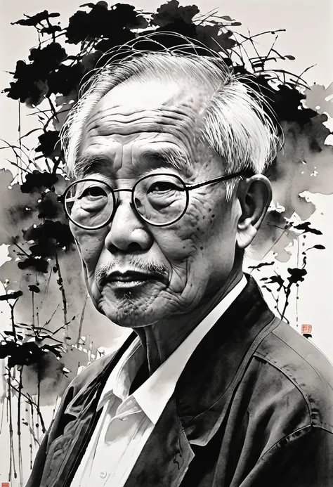 Wu Guanzhong portrait, modern Chinese brush painting style, detailed, traditional, fine art, realistic, masterful brushwork, cultural icon, classic Chinese art, monochrome, artist tribute, Studio Ghibli inspired, exquisite composition, timeless masterpiece...