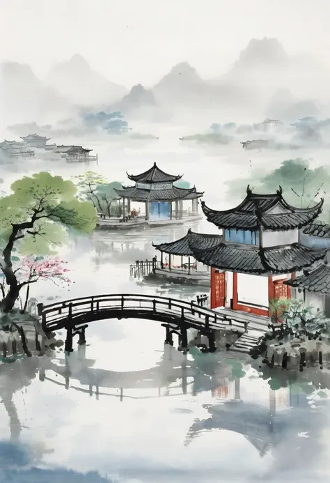 a serene scene of jiangnan water towns, emulating the brushstrokes and aesthetic of wu guanzhong. featuring intricate yet effort...