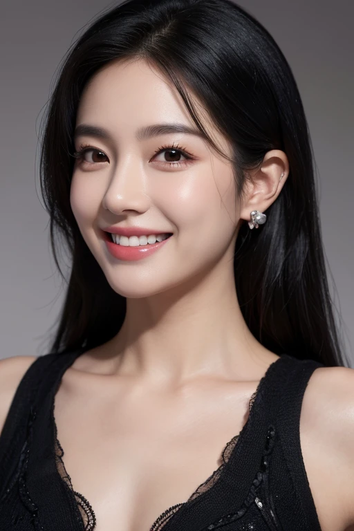 highest quality, masterpiece, ultra high resolution, (realistic:1.4),very detailed,professional lighting smile,black hair、smiling showing teeth、black hair、ear piercing、