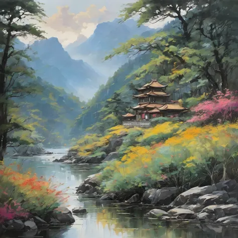 (aesthetic,extremely detailed,Wu-Guanzhong)oil painting of a serene landscape with vibrant colors,his signature brushstrokes, and meticulous attention to detail. The painting showcases a picturesque scenery, featuring majestic mountains, winding rivers, an...