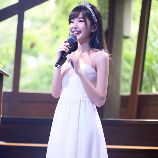 Highest image quality、masterpiece、beautiful girl singing a song。wearing a white dress。Slender、Medium chest、smile、かわいいsmile、I like the style、charming。18-year-old、