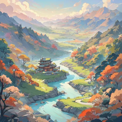 (aesthetic,extremely detailed,Wu-Guanzhong)oil painting of a serene landscape with vibrant colors,his signature brushstrokes, and meticulous attention to detail. The painting showcases a picturesque scenery, featuring majestic mountains, winding rivers, an...