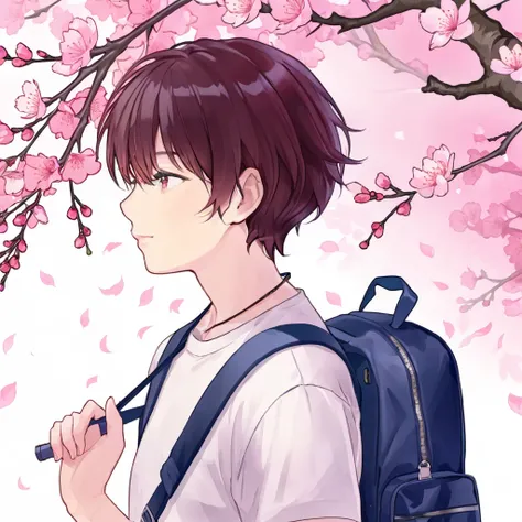 boys, ,One holds a backpack,Background of a cherry blossom tree