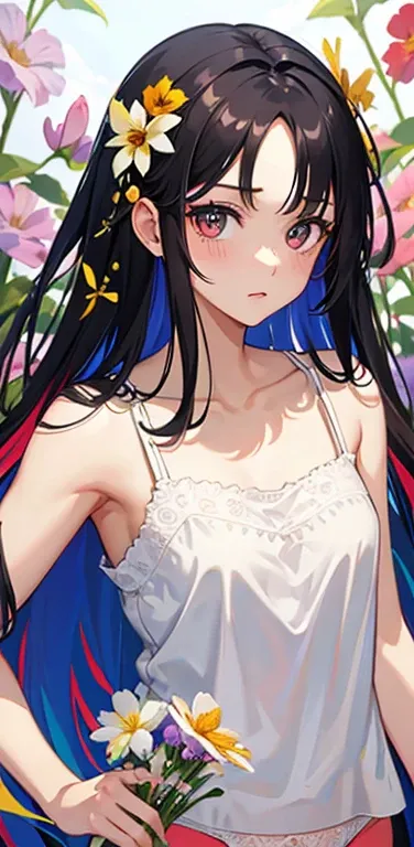 (8K、highest quality、masterpiece:1.2)、Super detailed、super resolution、Realistic、anime:1.2,(1girl)  、(black hair)、long hair,straight hair,red eyes、(forehead:1.3),(face focus,upper body),(white camisole white panties:1.5)、(clear face:1.3),(cute face,blush)、sm...