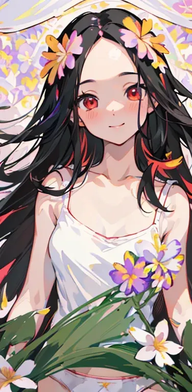 (8K、highest quality、masterpiece:1.2)、Super detailed、super resolution、Realistic、anime:1.2,(1girl)  、(black hair)、long hair,straight hair,red eyes、(forehead:1.3),(face focus,upper body),(white camisole white panties:1.5)、(light smile:1.3),(cute face,blush)、s...