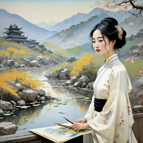 aesthetic, extremely detailed, Renowned, Masterful, Painting, mid shot, Wu Guanzhongs style, thoughtful, traditional Chinese art materials, serene environment, natural light, rice paper, ink, traditional Chinese, Impressionist, capturing the beauty of the ...