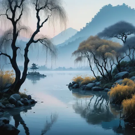 aesthetic, extremely detailed, color photo of,Wu Guanzhongs style, monochromatic simplicity, bold brush strokes, fusion of Eastern and Western art principles, abstract natural elements, structured yet fluid forms,twilight ambience, serene lake, willow tree...