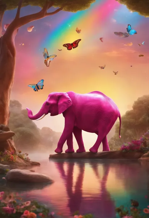 pink elephant with butterfly wings flies over a multicolored jelly ocean, while a giraffe in sunglasses rides a flying bike next to a tree growing chocolate donuts. En el cielo, a cat-faced moon smiles while shooting bright rainbows.