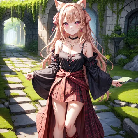 pink blonde、red eyes、one good looking girl、solo、anime、plaid mini skirt、the skirt has buttons、black camisole、black t-shirt、dress、wearing a ribbon、ribbon at waist、cloak、hood、stone slabs are piled up、crystal earrings、monster castle、jewelry necklace、Light and ...