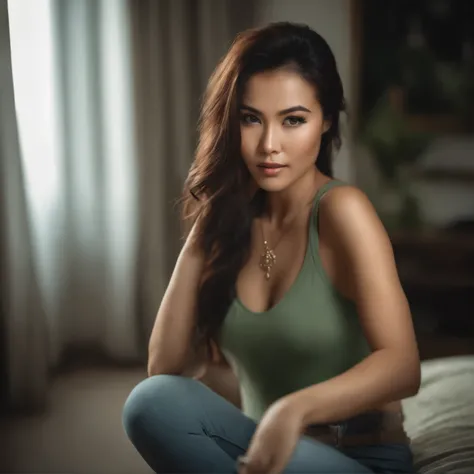 extremely beautiful Asian woman with a white tank top and a necklace, sexy girl with large piercing green eyes, portrait, brunette goddess with dark brown hair, selfie of a young 22 years old woman, bedroom photo, natural makeup, looking directly at the ca...