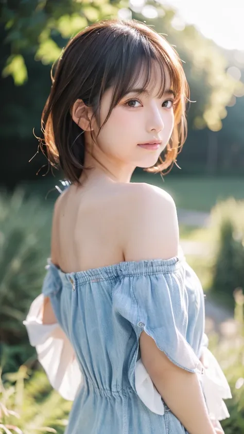 (8k、RAW photo、highest quality)、(realistic、Photoreal:1.37)、beautiful and detailed face、Face Detail Textures、Fine and beautiful skin、skin texture、超A high resolution、white off shoulder、denim mini skirt、photographed from a distance、Full body shot、Shooting up t...