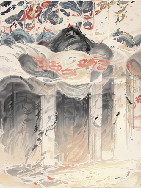 impressionist painting:1.3, ((wu guanzhong modern chinese painting, painting a chinese temple:1.4)), ((white inks and paints wit...