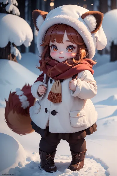 (Ultra-detailed,clay),(best quality,4k,8k,highres,masterpiece:1.2), ,closeup cleavage,Little cute red panda,Coat,Scarves and hats,Standing in the snow,Fluffy fur,Sparkling eyes,Soft lighting