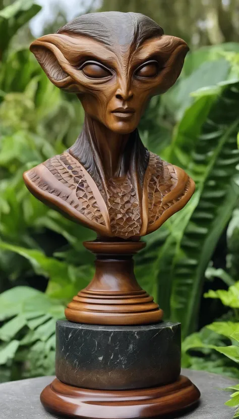 Solid wood combined with stone，Alien bust sculpture，Works of masters，tmasterpiece，8K