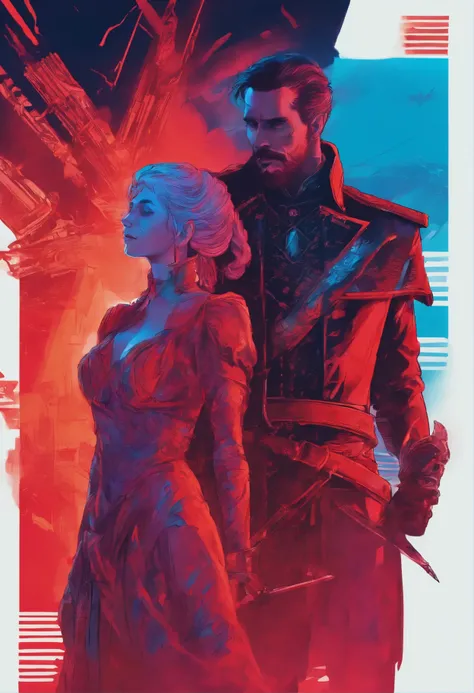 fantasy, red, black and blue tones, a man and a woman hug each other, a man looks like Christian Bale, in a royal uniform of the 19th century, a woman looks like Daenerys, in a royal dress of the 19th century, hd