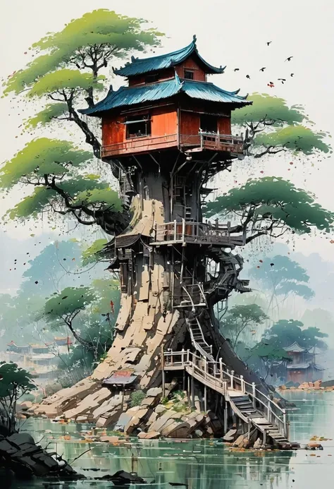 by Wu Guanzhong, Tree House, (best quality, perfect masterpiece, Representative work, official art, Professional, high details, Ultra intricate detailed:1.3)