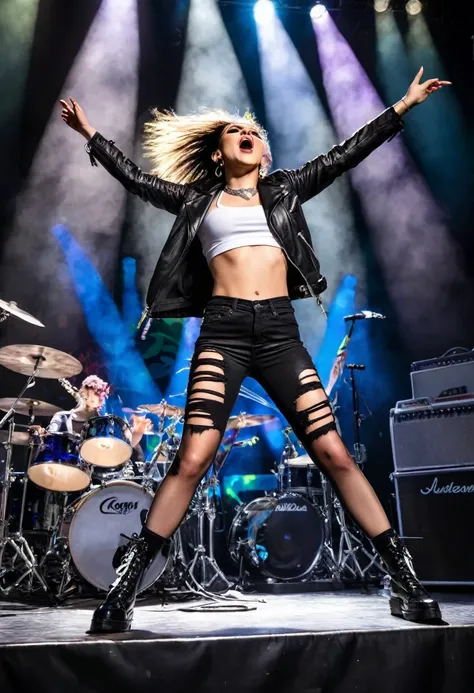 dressed in a leather jacket and ripped jeans,singing passionately on a stage,rocking out with their guitar. Their hair is wild and styled in a punk fashion, with colorful streaks and spikes. The crowd is cheering and the stage lights are flashing, creating...