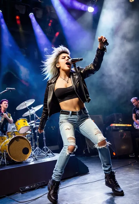 dressed in a leather jacket and ripped jeans,singing passionately on a stage,rocking out with their guitar. Their hair is wild and styled in a punk fashion, with colorful streaks and spikes. The crowd is cheering and the stage lights are flashing, creating...