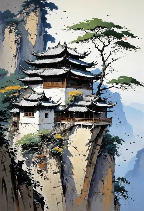 by Wu Guanzhong, Swallows Nest, Eaves, (best quality, perfect masterpiece, Representative work, official art, Professional, high details, Ultra intricate detailed:1.3)