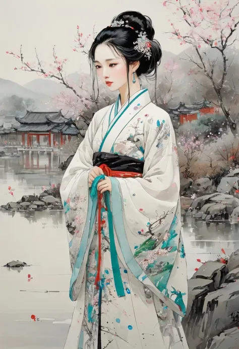 by Wu Guanzhong, girl, hanfu, masterpiece, high details, intricate detailed