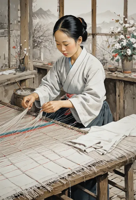 by Wu Guanzhong, girl, weaving cotton cloth, masterpiece, high details, intricate detailed