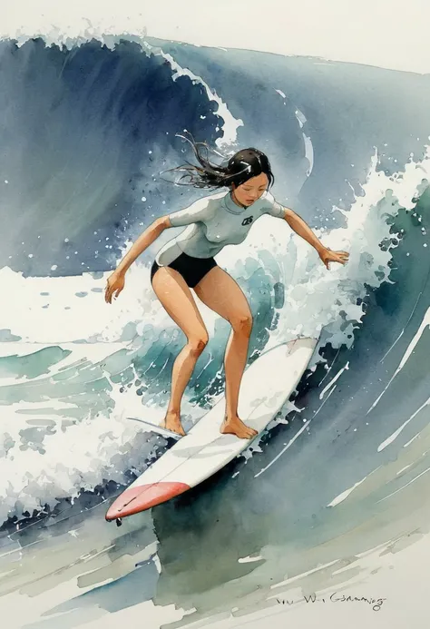 by Wu Guanzhong, watercolor art, girl, surfing, masterpiece, high details, intricate detailed