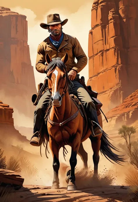 a cowboy on a horse, lonely, digital illustration of arthur morgan from red dead redemption, western art by tim doyle, trending ...