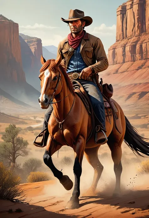 a cowboy on a horse, lonely, digital illustration of arthur morgan from red dead redemption, western art by tim doyle, trending ...