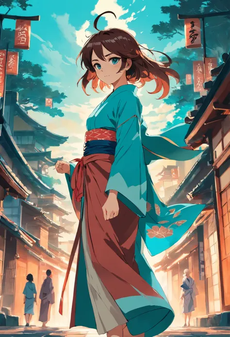 Anime Demon Slayer fille démon cheveux long bleu turquoise kimono beige rouge et marron 