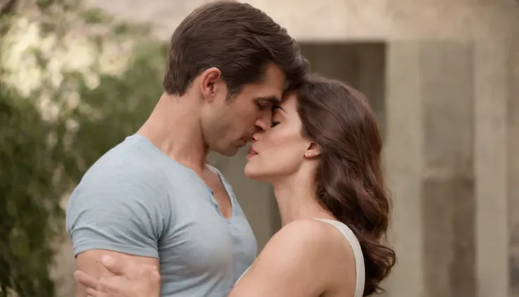 alexandre frota, dressed in a white cotton t-shirt and jeans with a leather belt, sweaty, chest hair visible, body hair, bulge, is standing embracing and passionately kissing Lois Lane, a beautiful woman with light brown hair, wearing a printed dress in pa...