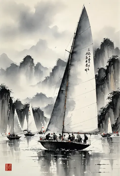 by Wu Guanzhong, ink and wash, Sailing competition, Chasing front and behind, (best quality, perfect masterpiece, Representative work, official art, Professional, high details, Ultra intricate detailed:1.3)