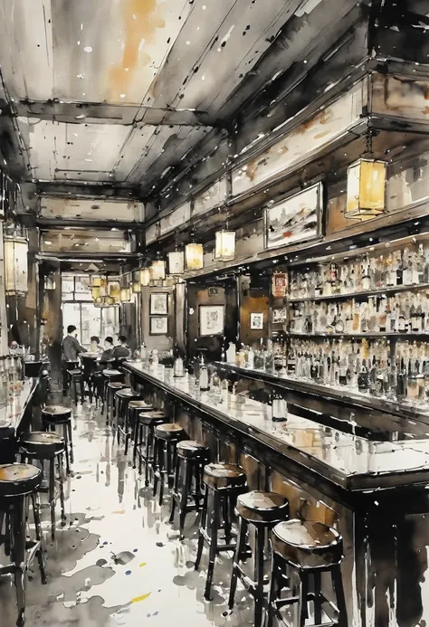 by Wu Guanzhong, ink and wash, inside of pub, (best quality, perfect masterpiece, Representative work, official art, Professional, high details, Ultra intricate detailed:1.3)