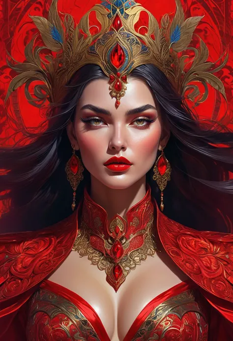 Scarlet Woman, concept art depicting a powerful and mysterious female character. Intricate and ornate costume design, bold colors, seductive and enigmatic expression. Influences from fantasy art, occult teachings, and esoteric symbolism. Trending on art pl...