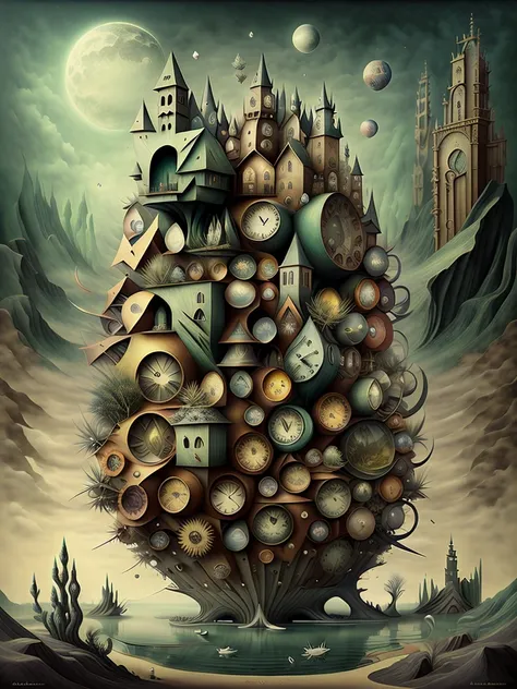 Remedios Var, Jacek Yerka and Gabriel Pacheco, neo surrealism, maze of cubic world cubic slow arts by Sam Szafran, Adrian Donoghue, Alberto Seveso, Anna Dittmann, Arthur Rackham, Giger, centered, highly detailed, whimsical art, painting, fantasy, magical r...