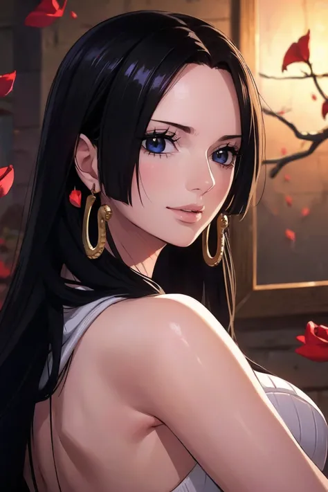 best quality, masterpiece, highly detailed,1girl,  ((rose)), (vine), cage, bandage, red rope, (detail light), falling rose petals, Boa Hancock,, (masterpiece:1.5), Detailed Photo, Smiling,(8K, Photorealistic, Best Quality: 1.4), (1girl), Beautiful Face, (a...