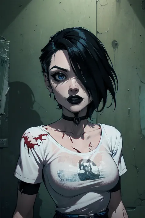 a woman with short black hair, hair on shoulders,  wearing a white t-shirt  and plaid skirt, blue eyes, zombie art, gothic art, cute aesthetic with vibe, toon aesthetic, wearing red costume, wearing gothic accessories, look like Cassie Hack, upper body, zo...