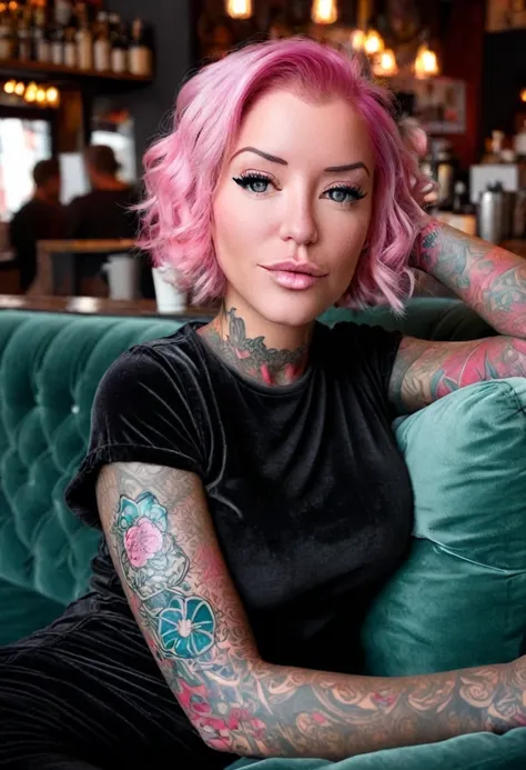 imagine laurence bedard reclining on a plush velvet sofa in a cozy coffee shop, her pink hair framing her captivating features. ...