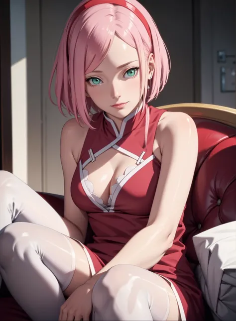 film movie still、1girl in、Its standing、24 years、pale-skinned、innocent smiles、white stockings、((A detailed face))、(Detailed skin)、Moist with intricate details、Shallow depth of field、[volume fog、shot at 8k resolution、Sakura Haruno, A pink-haired,short detail...