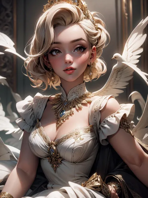 (Masterpiece - Ultra-Detailed, High Resolution) Prepare to be enchanted by a true masterpiece that combines ultra-detailed art with high-resolution rendering. This work shows a mesmerizing woman, with short short, light blonde hair, 1950s style, Marilyn Mo...