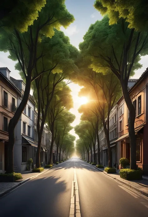 ((photograph of entering a street with asymmetrical trees on the side, view from the middle of the street, asymmetry:1.5)), ((full shot:1.3)), (( Best Quality ) ), (( Masterpiece )) , 3D, ( Hyper Detailed: 1.3 ), ((Epic Landscape: 1.3)), ((sunset: 1.3 ))),...