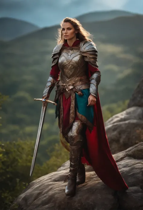 humanoid girl with armor and sword standing on a rock in a mountain