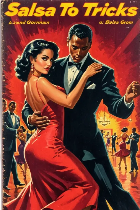 a grainy cover of a book ,with a sultry dark-haired woman in a short red dress and handsome black gentleman, couple dancing, sal...