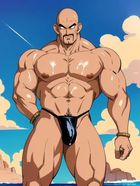 nappa, male focus, solo,cowboy shot, 1boy, bald, nipples clip , muscular male, abs,black vambraces, veins, pectorals, thighs, black eyes, topless male, mustache, (( micro-thong:_Pattern_designs_thongs_perspire_massive pec_Get wet all over your body)),, tai...