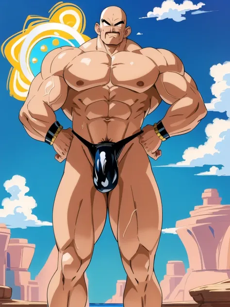 nappa, male focus, solo,cowboy shot, 1boy, bald, nipples clip , muscular male, abs,black vambraces, veins, pectorals, thighs, black eyes, topless male, mustache, (( micro-thong:_Pattern_designs_thongs_perspire_massive pec_Get wet all over your body)),, tai...