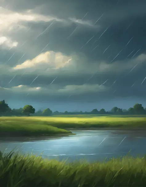 background image for 2d game, rain on the plain, grass, Battlefield background, high quality, HD illustration, no people, Desktop wallpaper